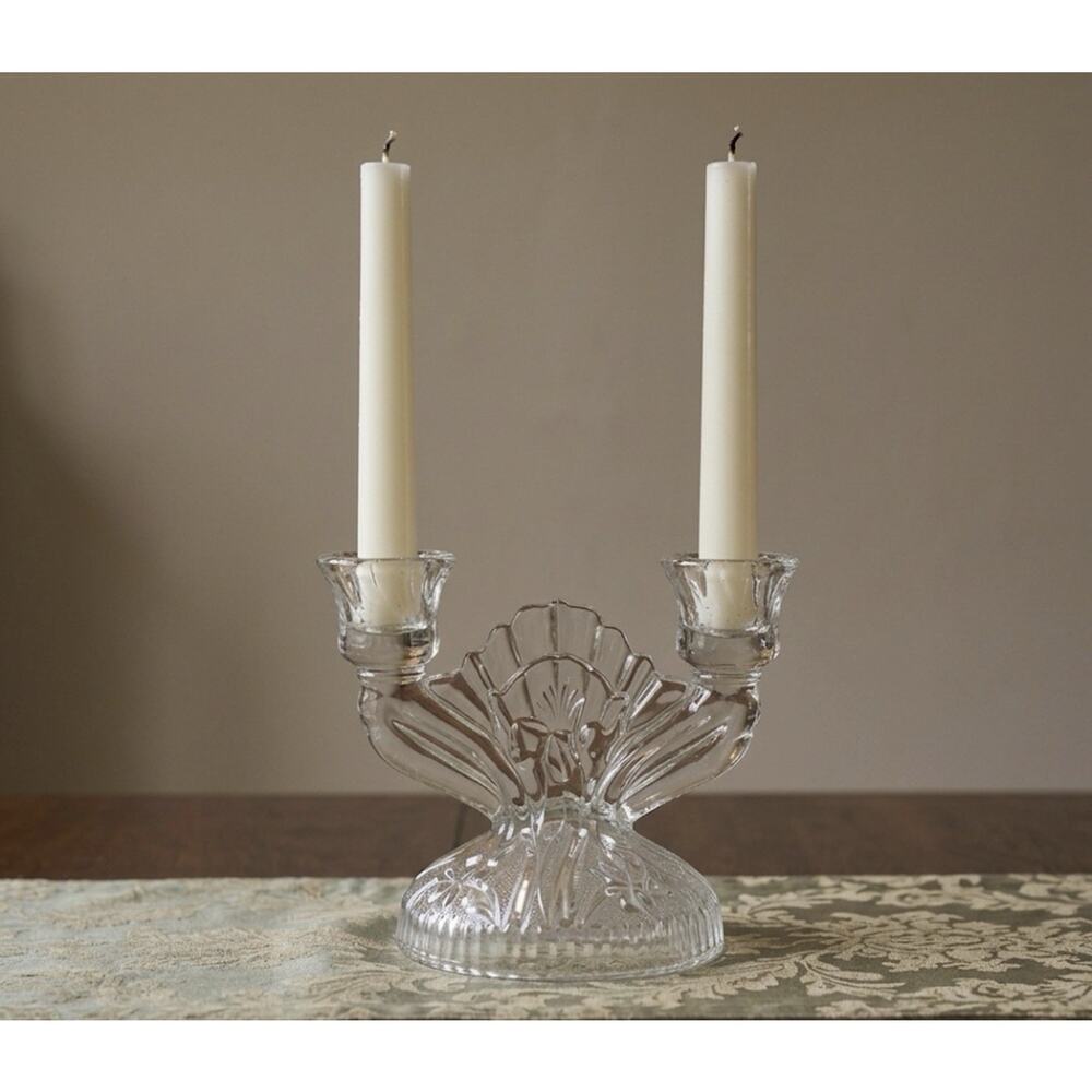 Antique Jeanette Sunburst Herringbone 6"‎ Crystal Two Candelabra, 1930s GUC